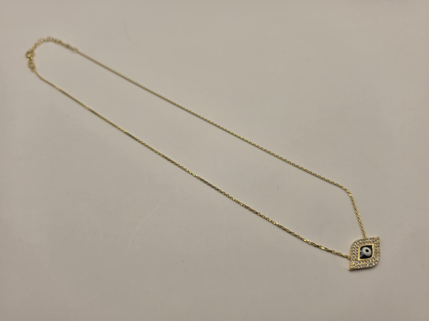 Gold Plated Sterling Silver Evil Eye Necklace, Diamond Shape CZ Pave 17.5 Inch 925