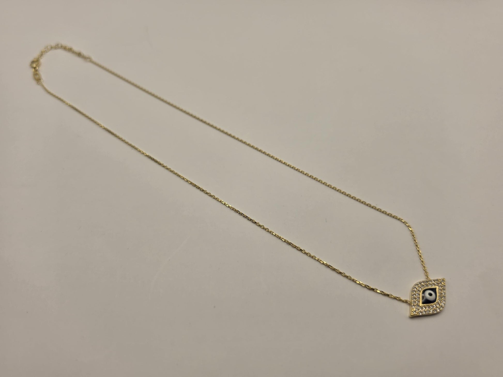 Gold Plated Sterling Silver Evil Eye Necklace, Diamond Shape CZ Pave 17.5 Inch 925