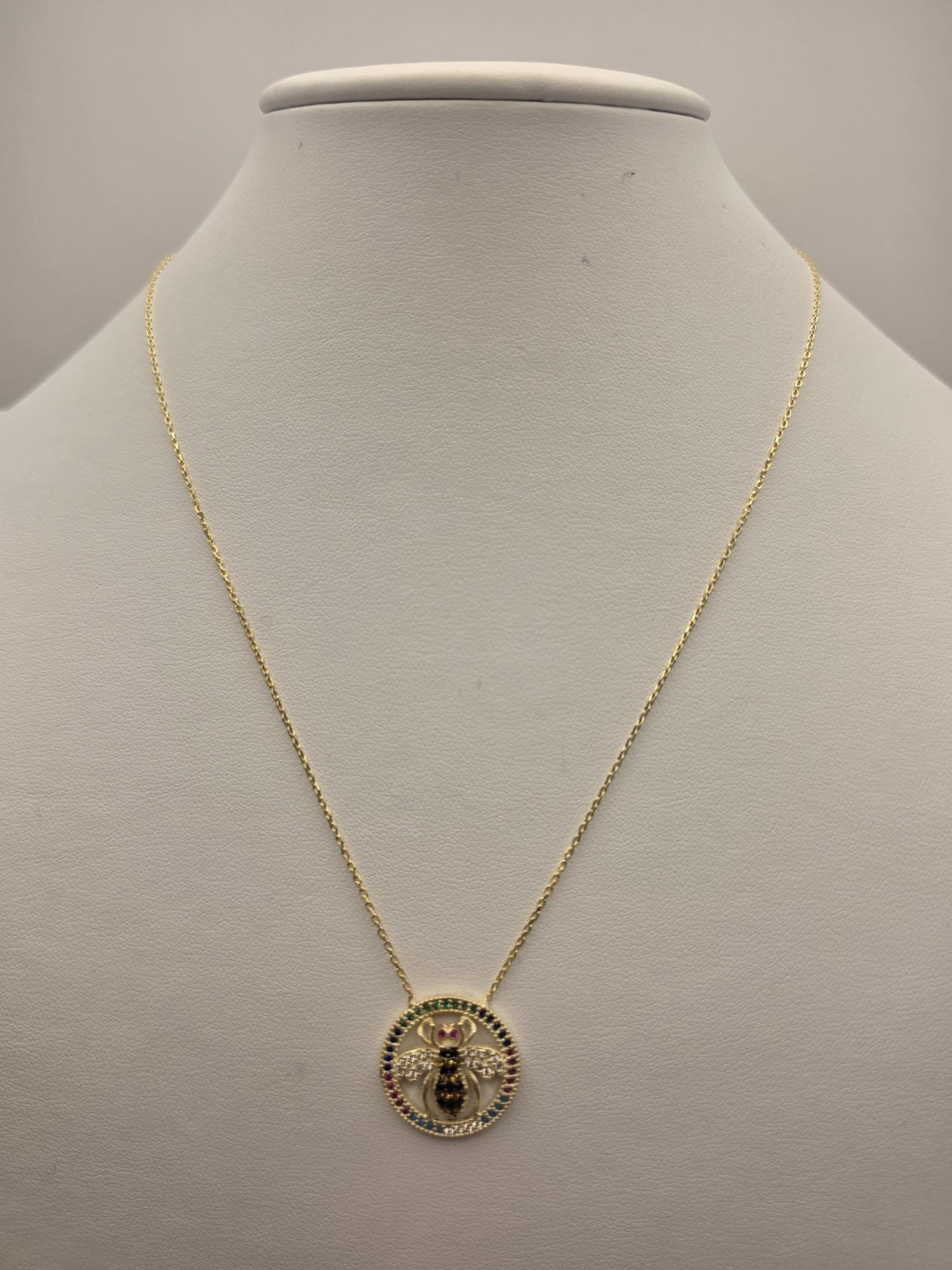 Gold Plated Sterling Silver Bee Pendant Necklace, Multicolor CZ Circle Halo 18 Inch 925