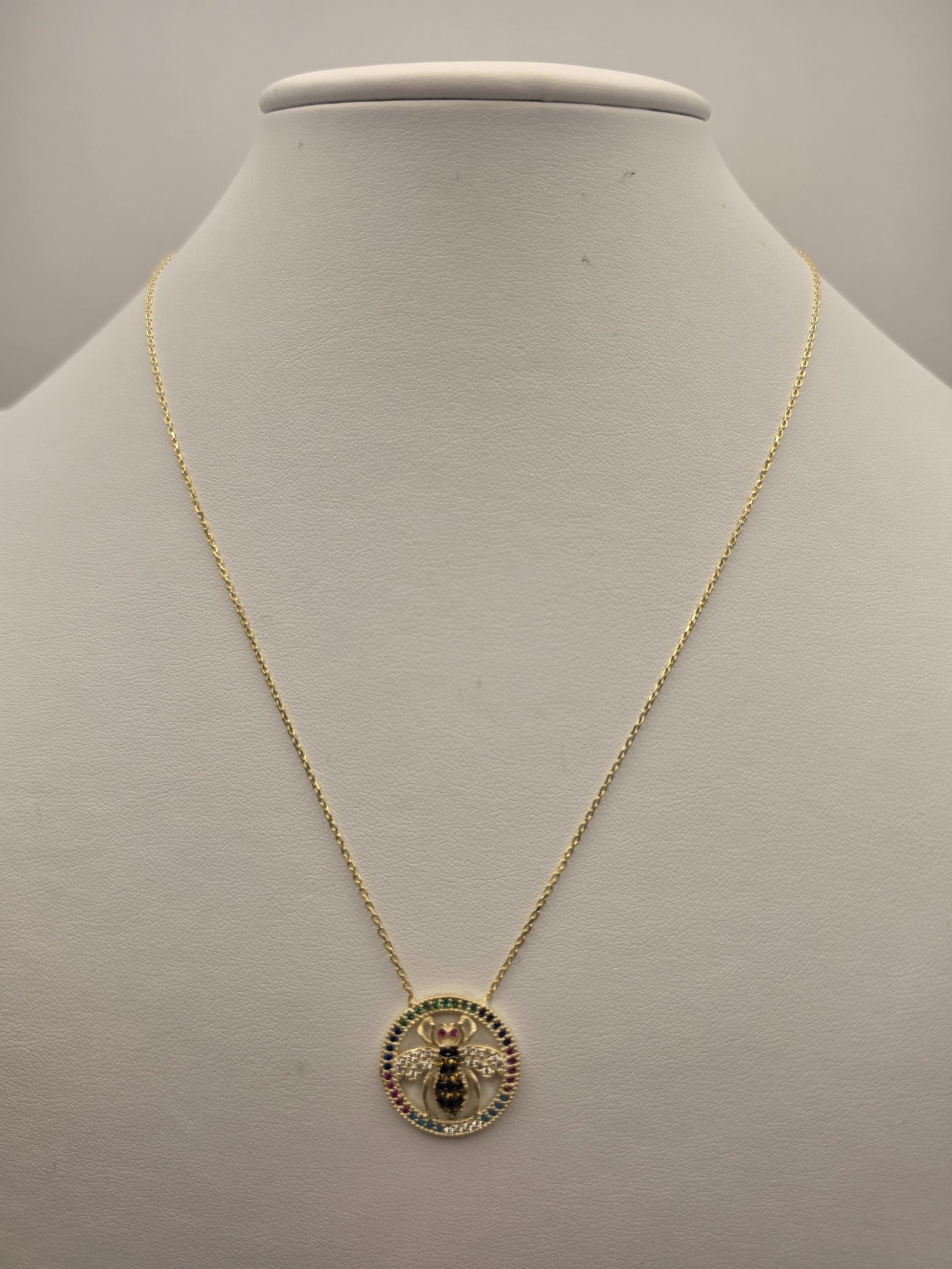 Gold Plated Sterling Silver Bee Pendant Necklace, Multicolor CZ Circle Halo 18 Inch 925