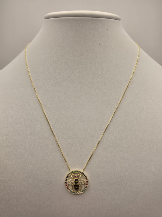 Gold Plated Sterling Silver Bee Pendant Necklace, Multicolor CZ Circle Halo 18 Inch 925