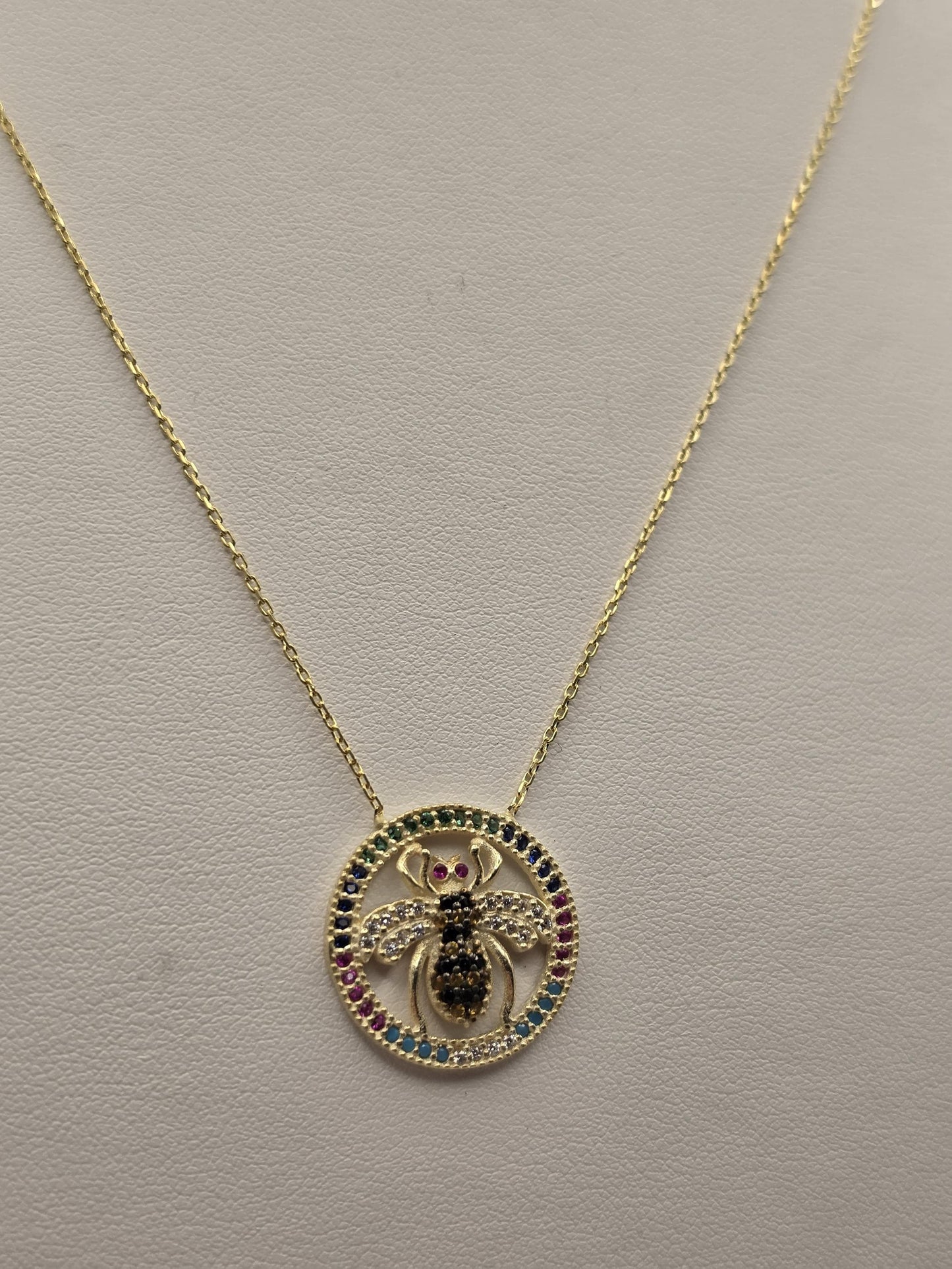 Gold Plated Sterling Silver Bee Pendant Necklace, Multicolor CZ Circle Halo 18 Inch 925