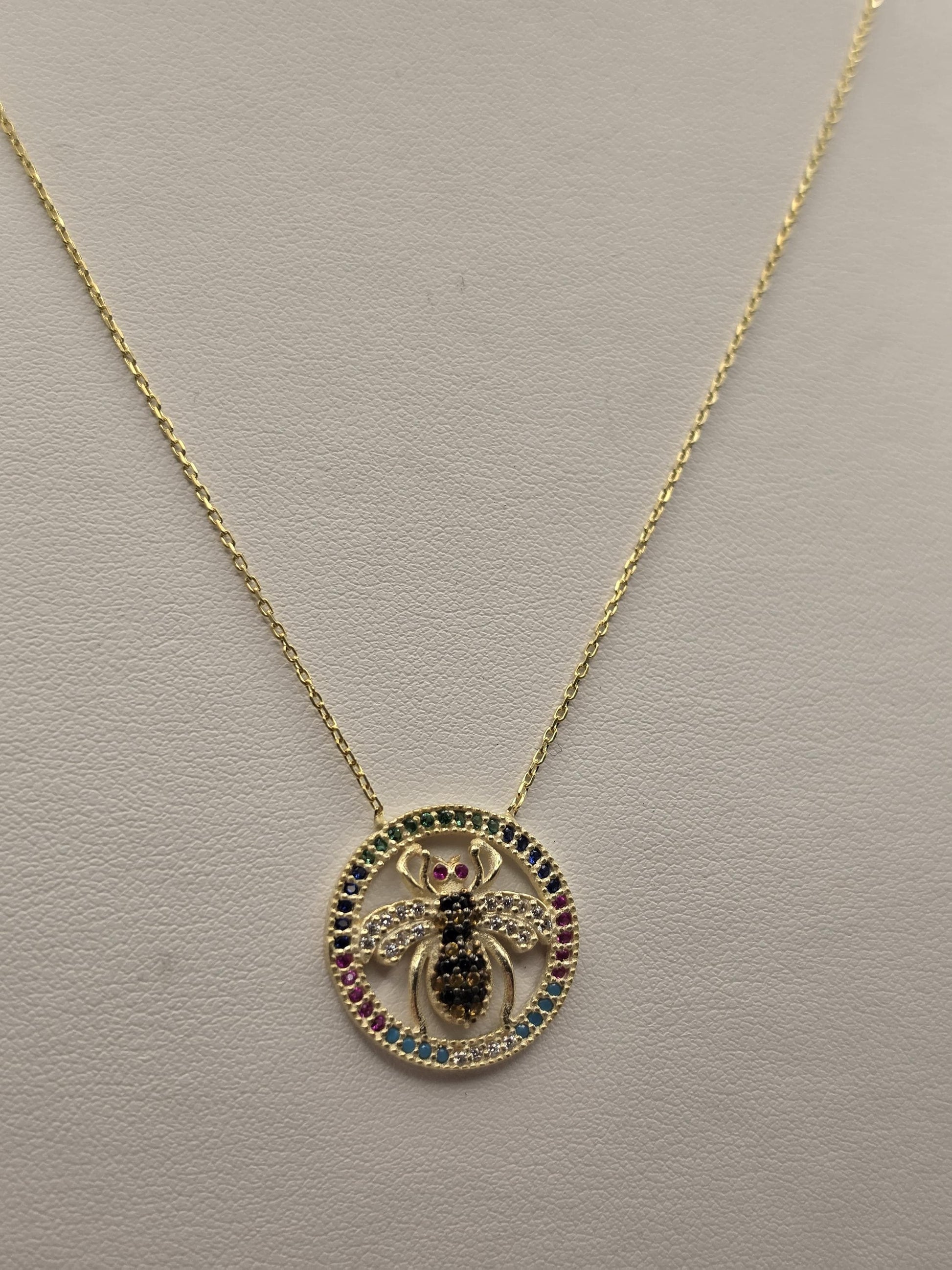 Gold Plated Sterling Silver Bee Pendant Necklace, Multicolor CZ Circle Halo 18 Inch 925