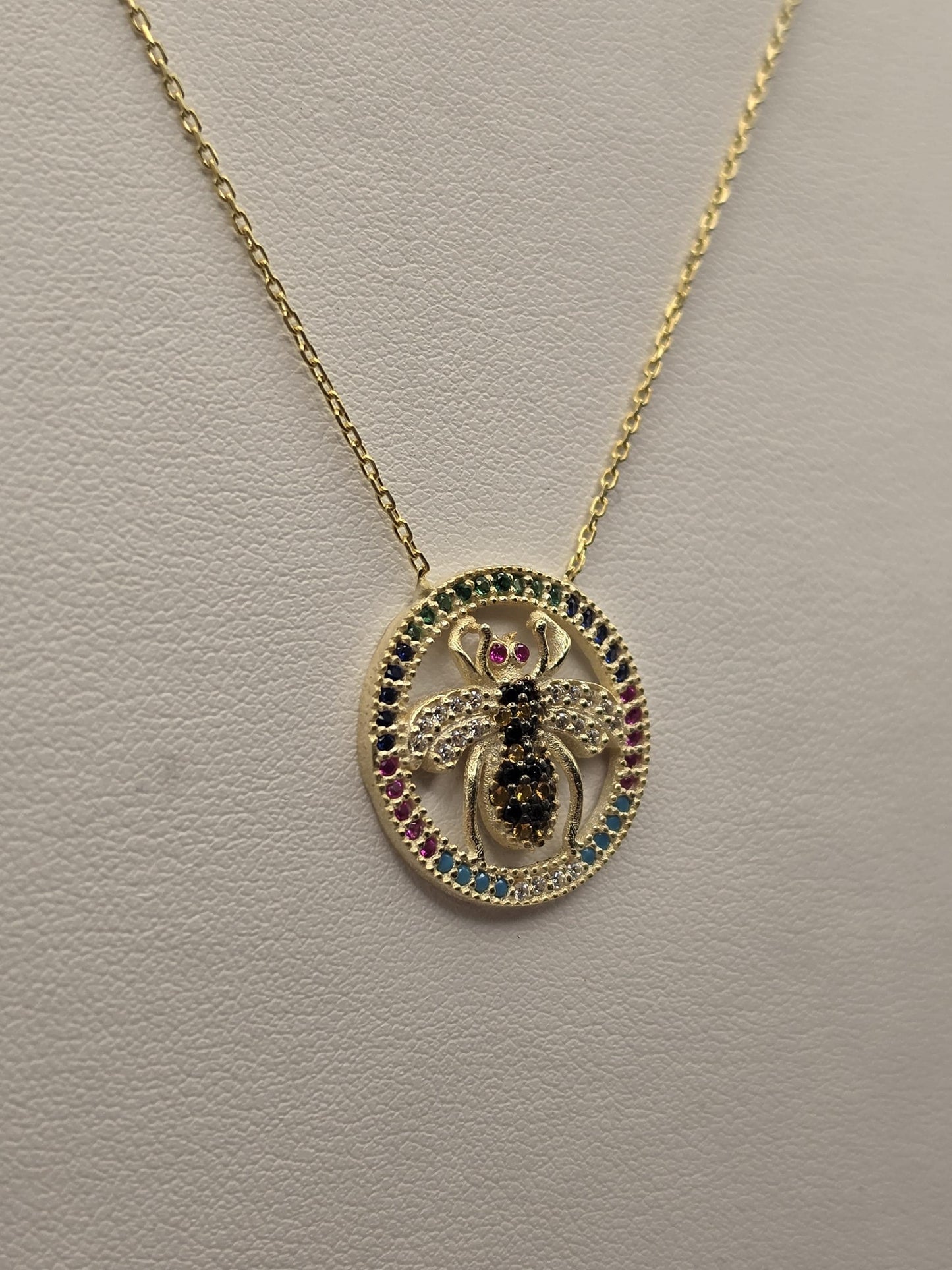 Gold Plated Sterling Silver Bee Pendant Necklace, Multicolor CZ Circle Halo 18 Inch 925
