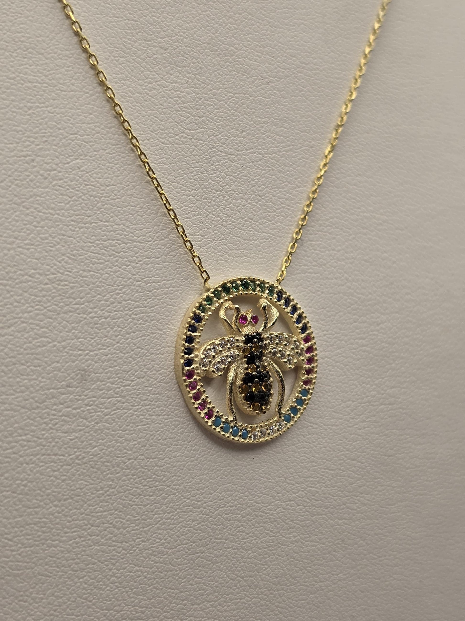 Gold Plated Sterling Silver Bee Pendant Necklace, Multicolor CZ Circle Halo 18 Inch 925