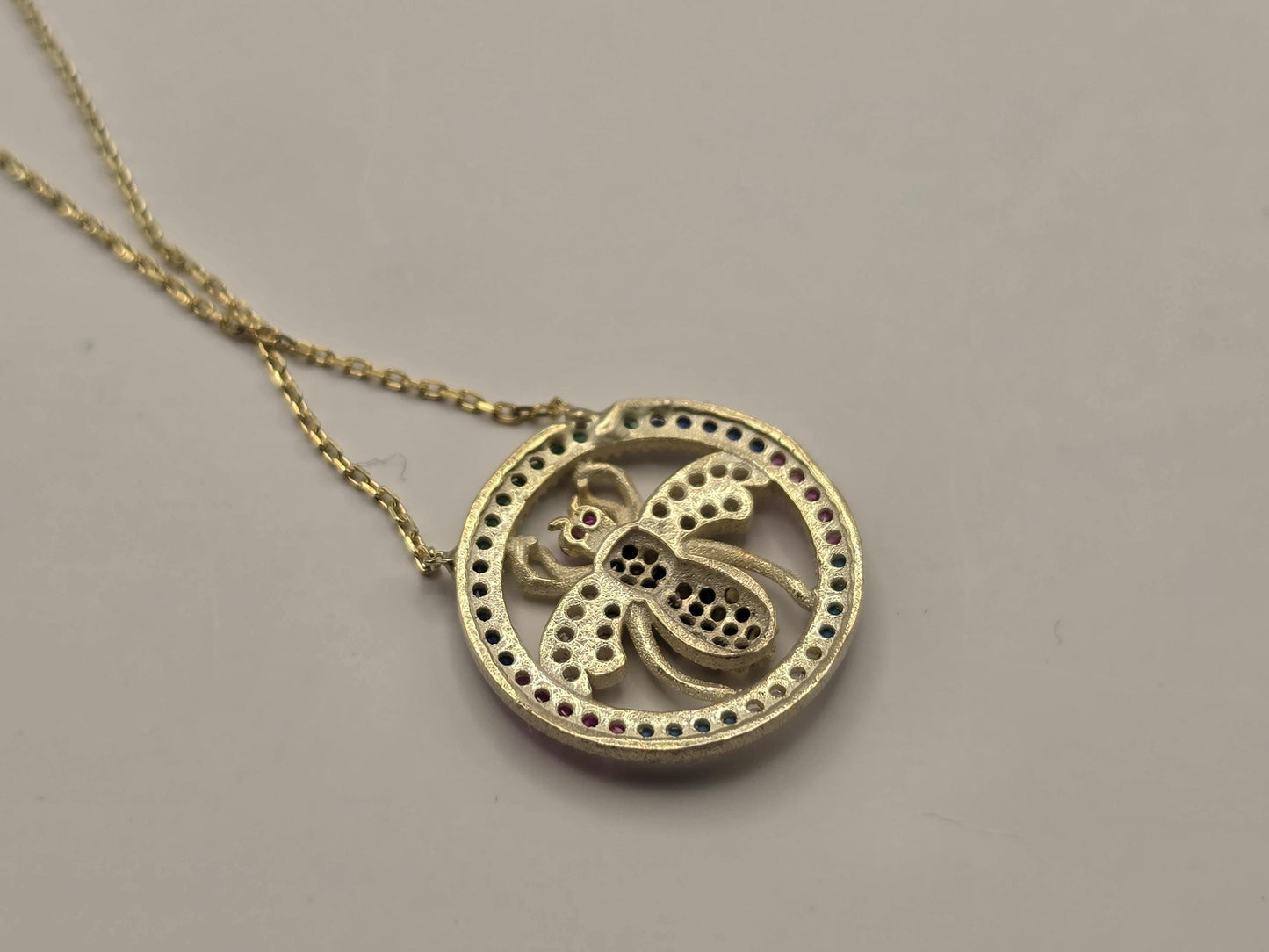 Gold Plated Sterling Silver Bee Pendant Necklace, Multicolor CZ Circle Halo 18 Inch 925