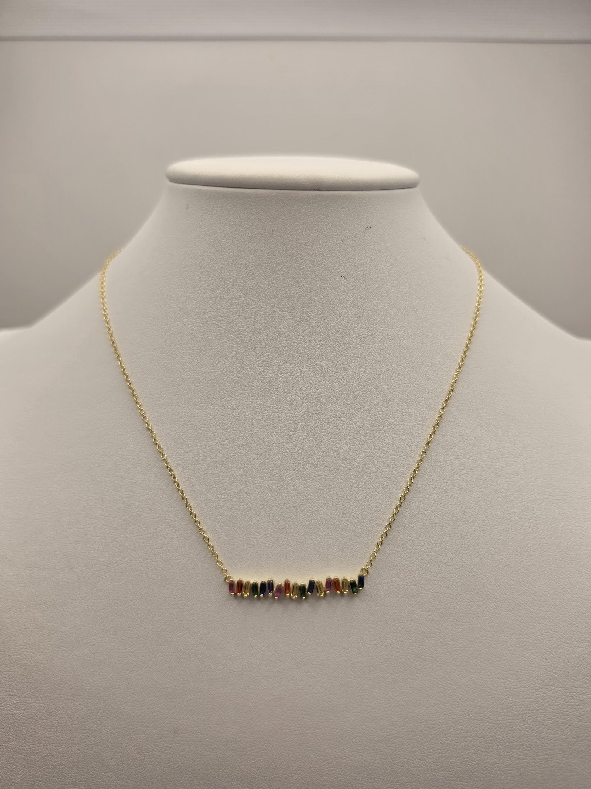 Gold Plated Sterling Silver Rainbow Bar Necklace, Multicolor Baguette CZ 925