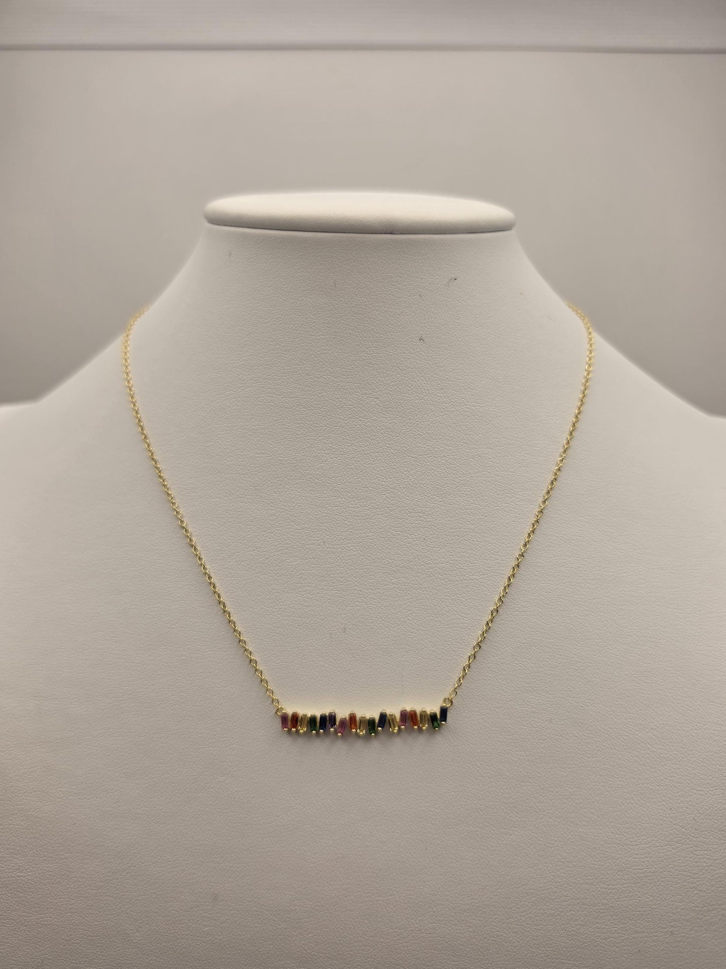 Gold Plated Sterling Silver Rainbow Bar Necklace, Multicolor Baguette CZ 925