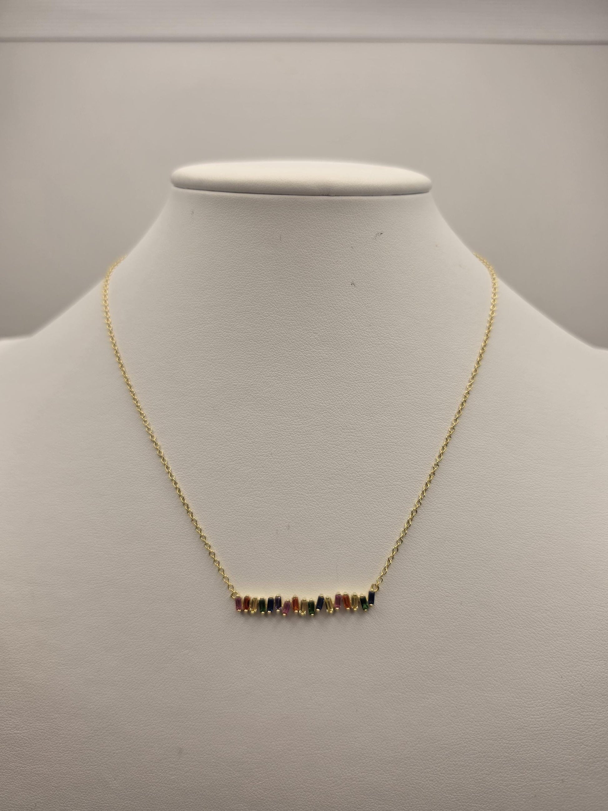 Gold Plated Sterling Silver Rainbow Bar Necklace, Multicolor Baguette CZ 925