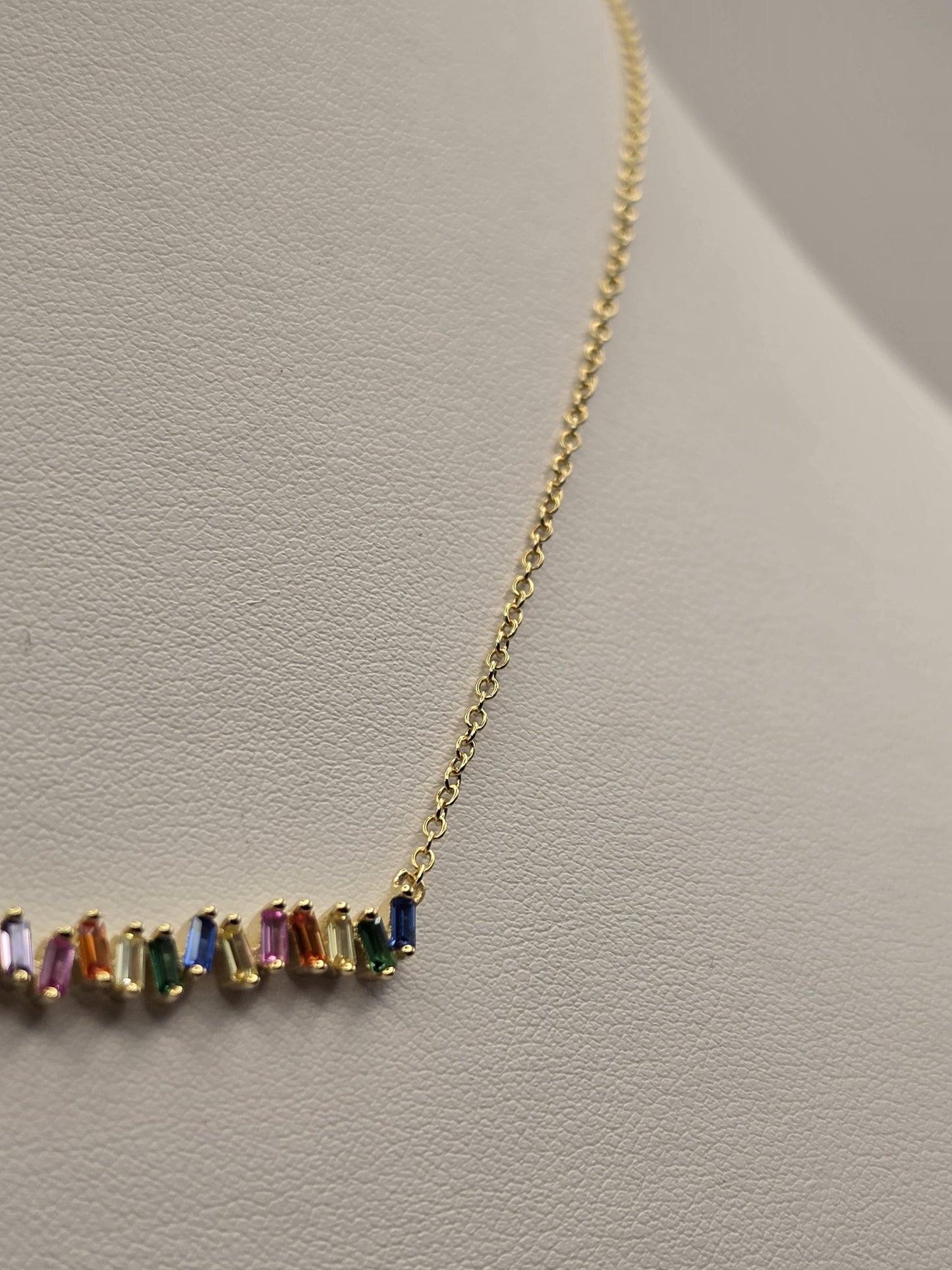 Gold Plated Sterling Silver Rainbow Bar Necklace, Multicolor Baguette CZ 925