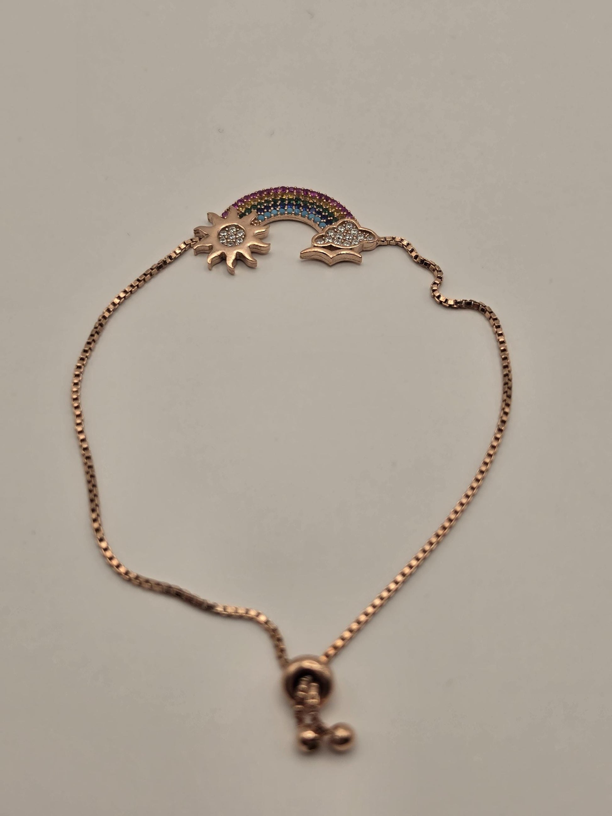 Rose Gold Plated Sterling Silver Rainbow Bracelet, Adjustable Box Chain 925