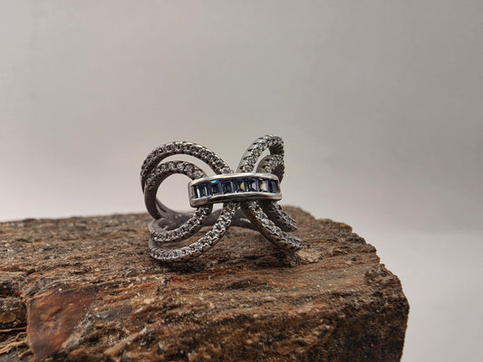 Sterling Silver Baguette Blue CZ Butterfly Wing Ring Size 7 Art Deco Statement 925 Women 5.5g