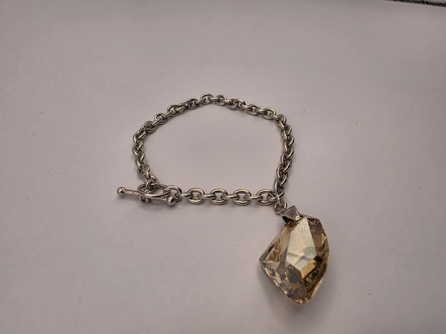 Sterling Silver Cable Chain Bracelet — Large Faceted Crystal Drop Charm Toggle Clasp 925