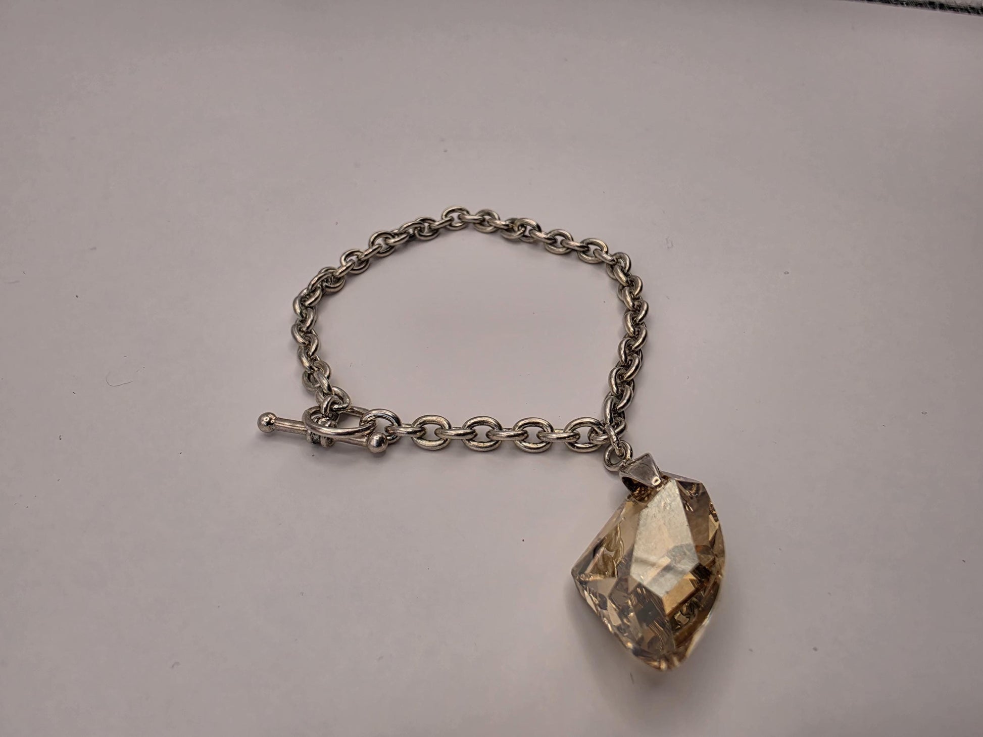 Sterling Silver Cable Chain Bracelet — Large Faceted Crystal Drop Charm Toggle Clasp 925
