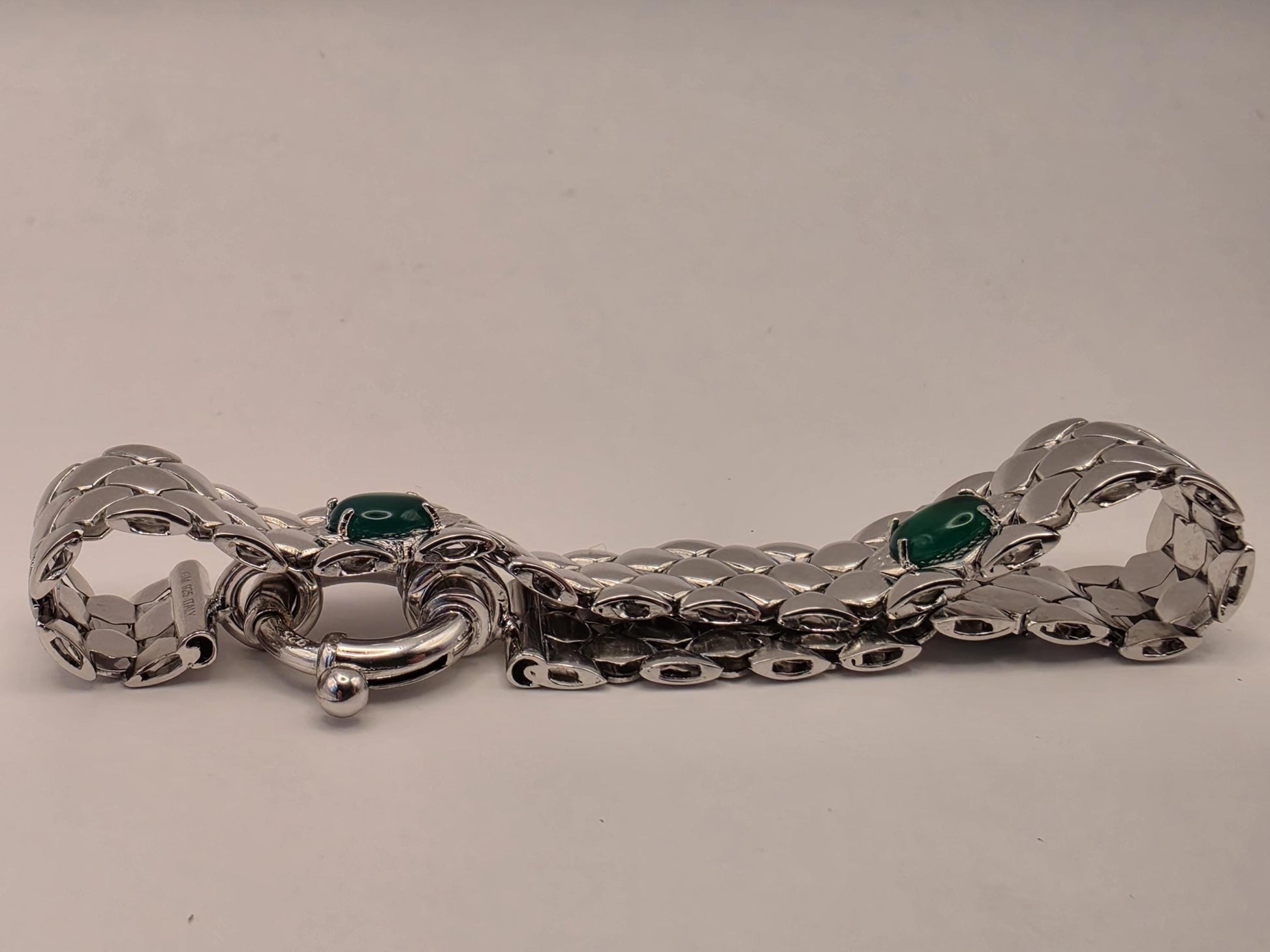 Sterling Silver Scale Mesh Bracelet — Green Cabochon Station Wide Cuff 925