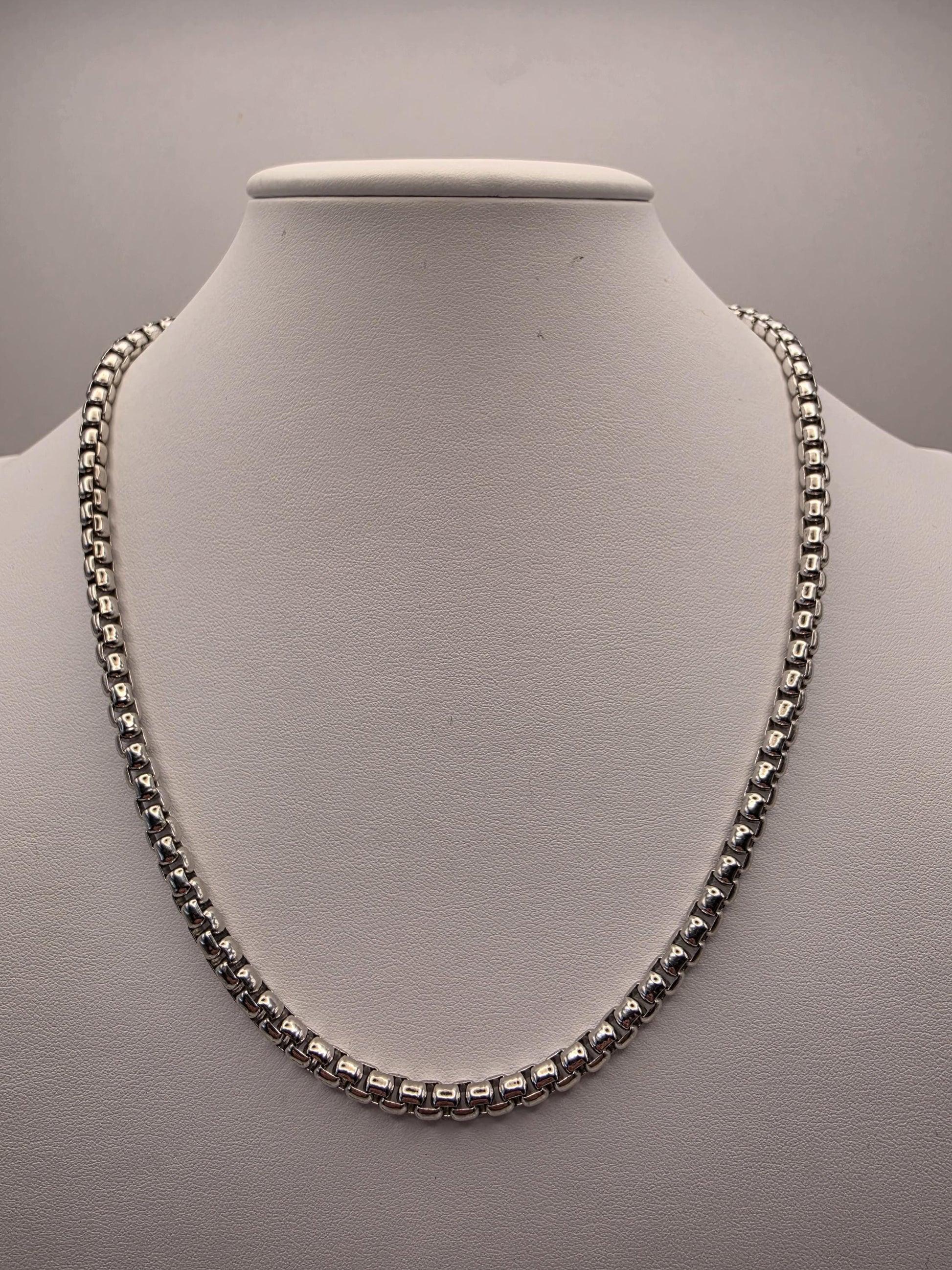 Sterling Silver Round Box Chain Necklace — 4mm 20 Inch Heavy 925