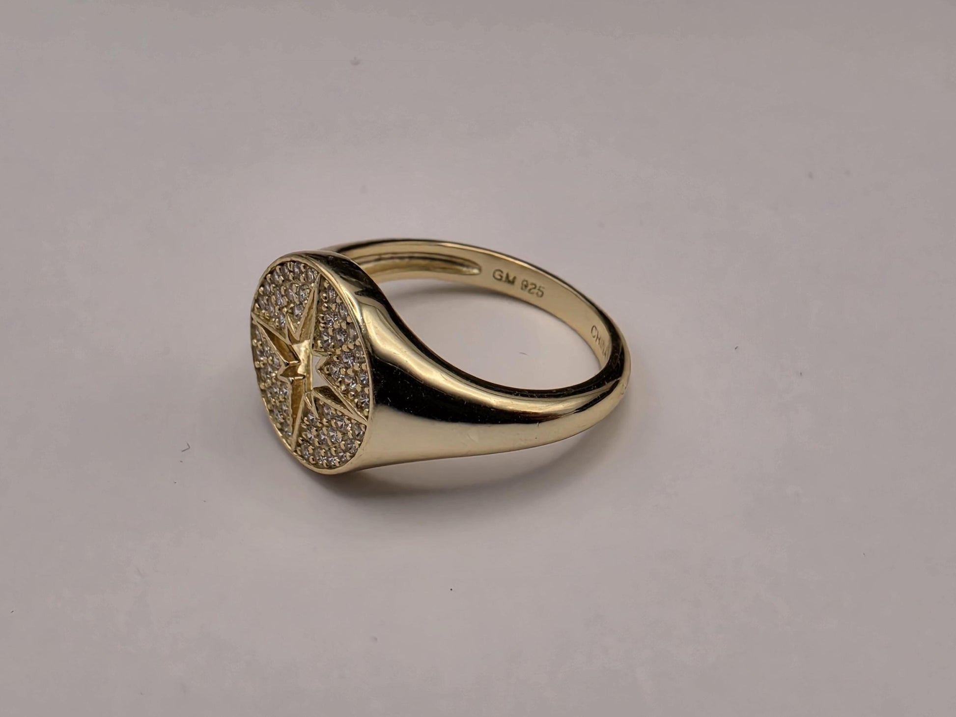 Gold Plated North Star Signet Ring — CZ Pave Celestial Compass Ring Size 6