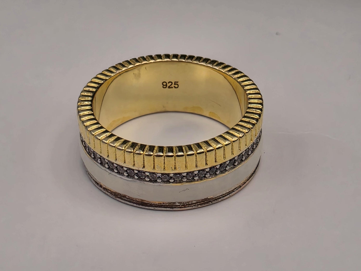 Gold Silver Two Tone Band Ring — Textured Accent Strip Size 7