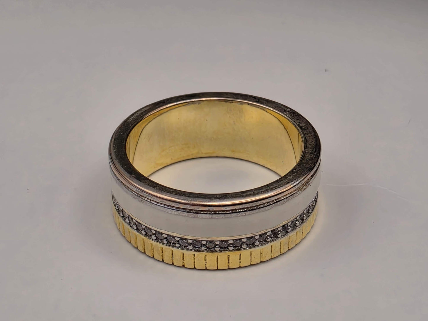 Gold Silver Two Tone Band Ring — Textured Accent Strip Size 7