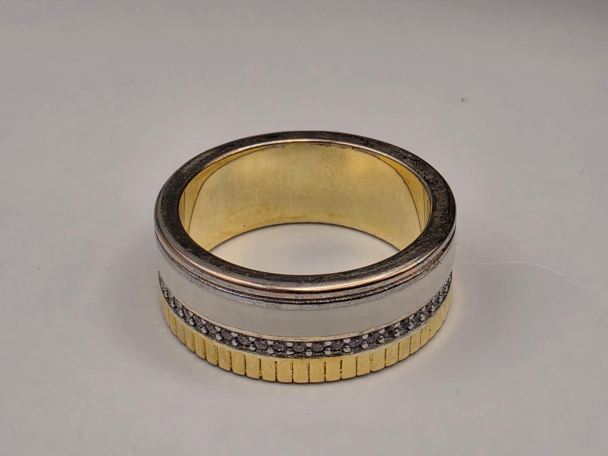 Gold Silver Two Tone Band Ring — Textured Accent Strip Size 7