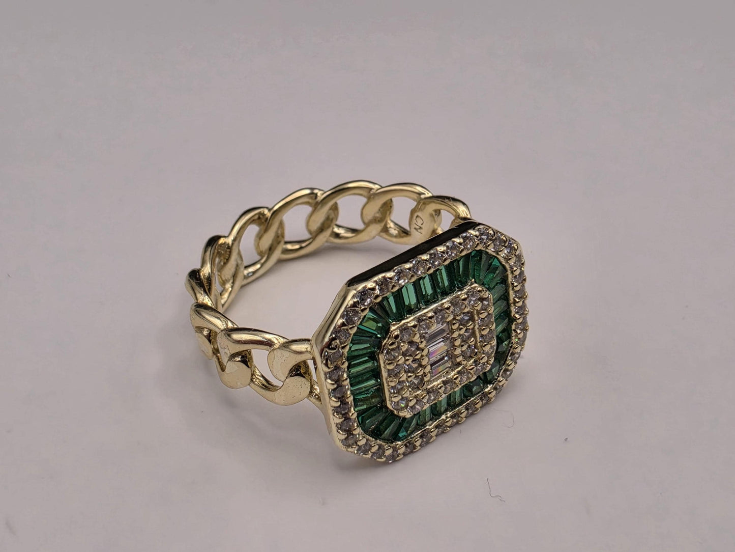 Gold Plated Cuban Link Signet Ring — Emerald Green Baguette CZ Statement Ring Size 5