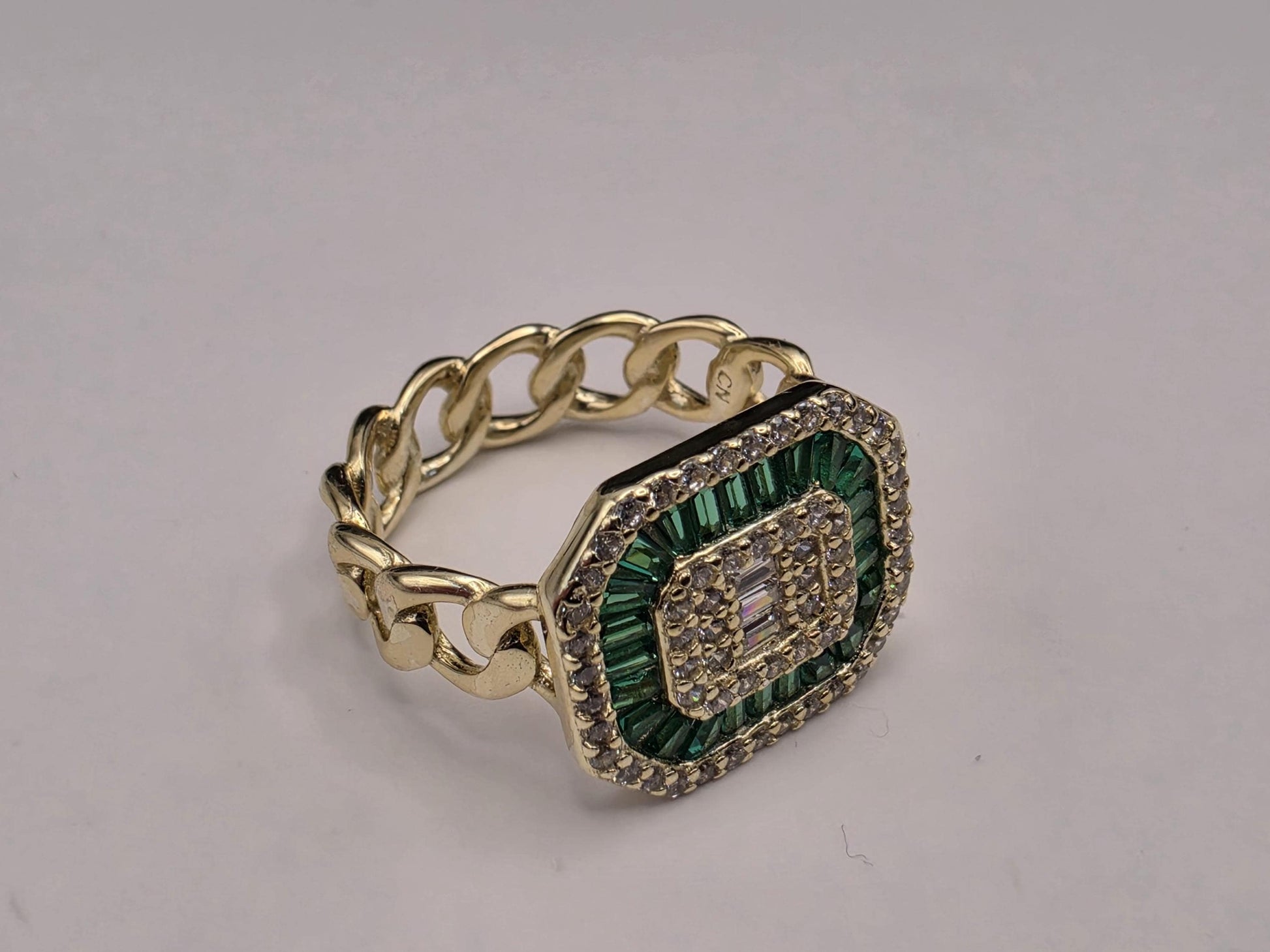 Gold Plated Cuban Link Signet Ring — Emerald Green Baguette CZ Statement Ring Size 5