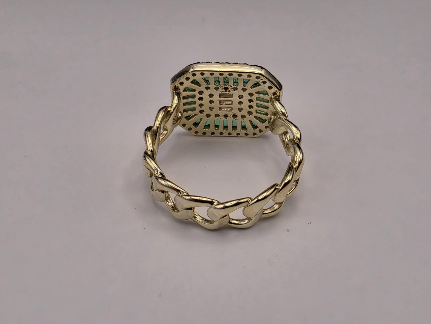 Gold Plated Cuban Link Signet Ring — Emerald Green Baguette CZ Statement Ring Size 5