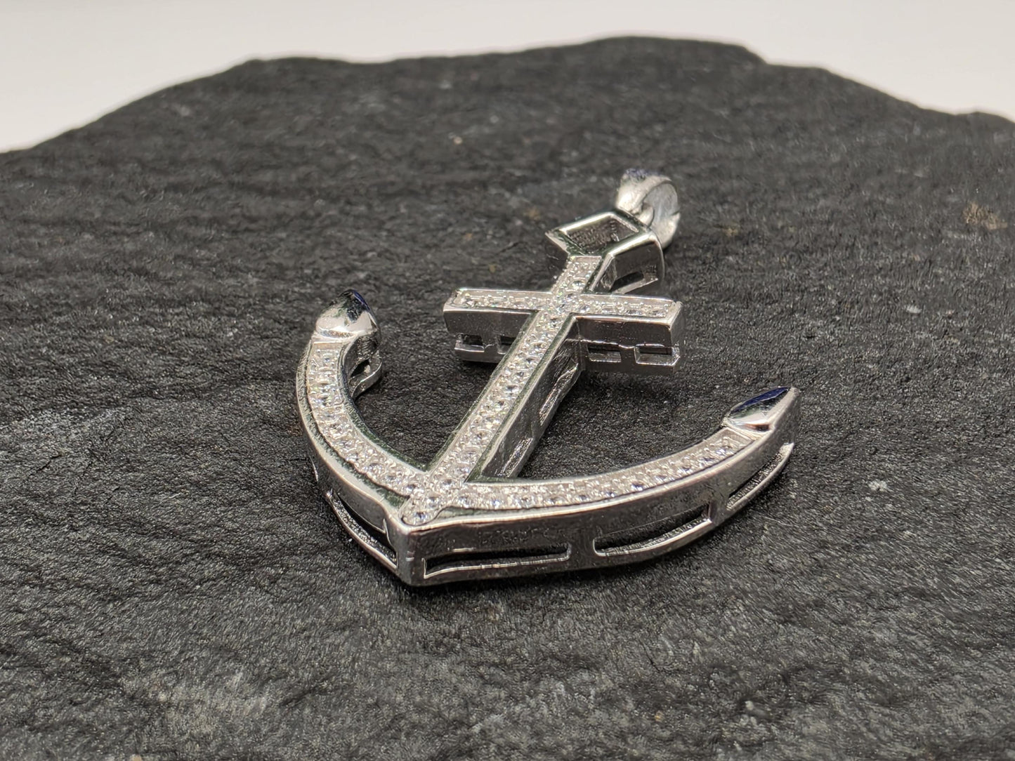 Sterling Silver Anchor Cross Pendant — CZ Pave Nautical Faith Charm 925