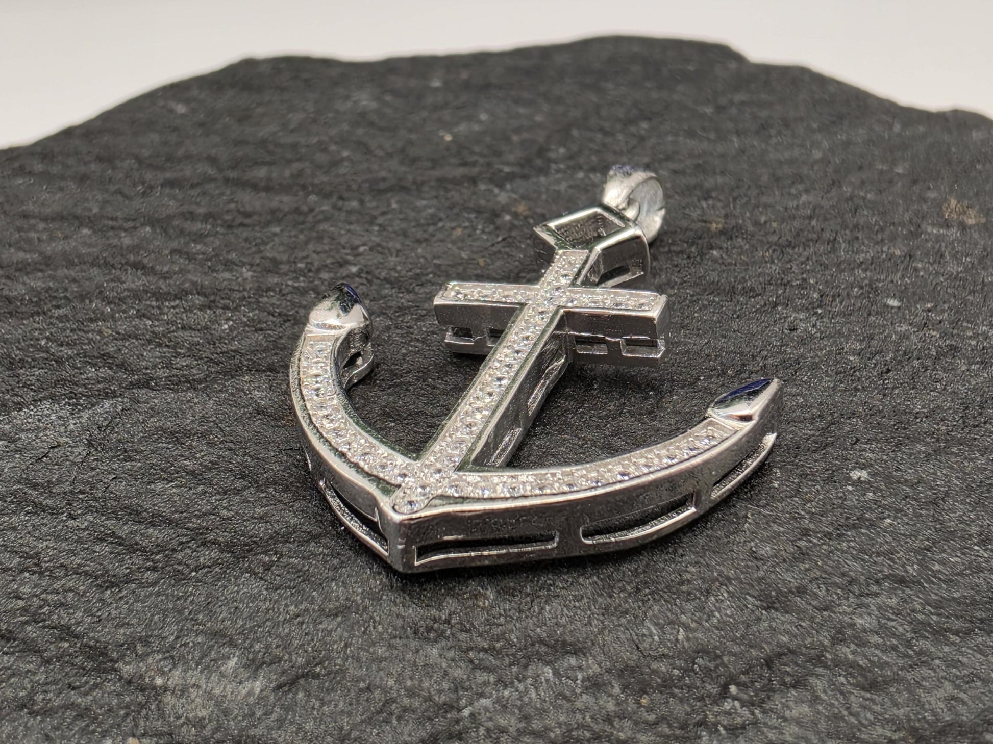Sterling Silver Anchor Cross Pendant — CZ Pave Nautical Faith Charm 925