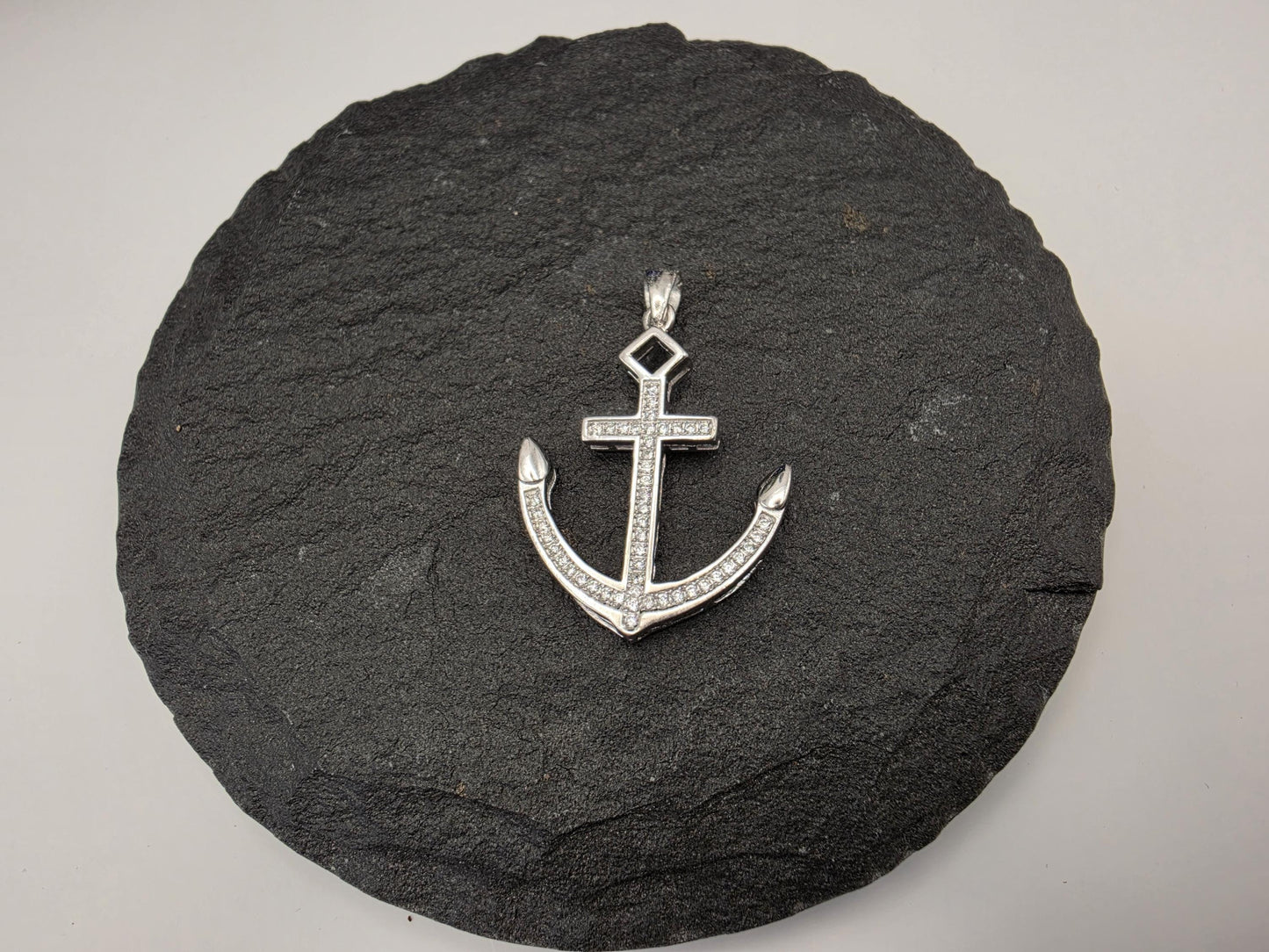 Sterling Silver Anchor Cross Pendant — CZ Pave Nautical Faith Charm 925