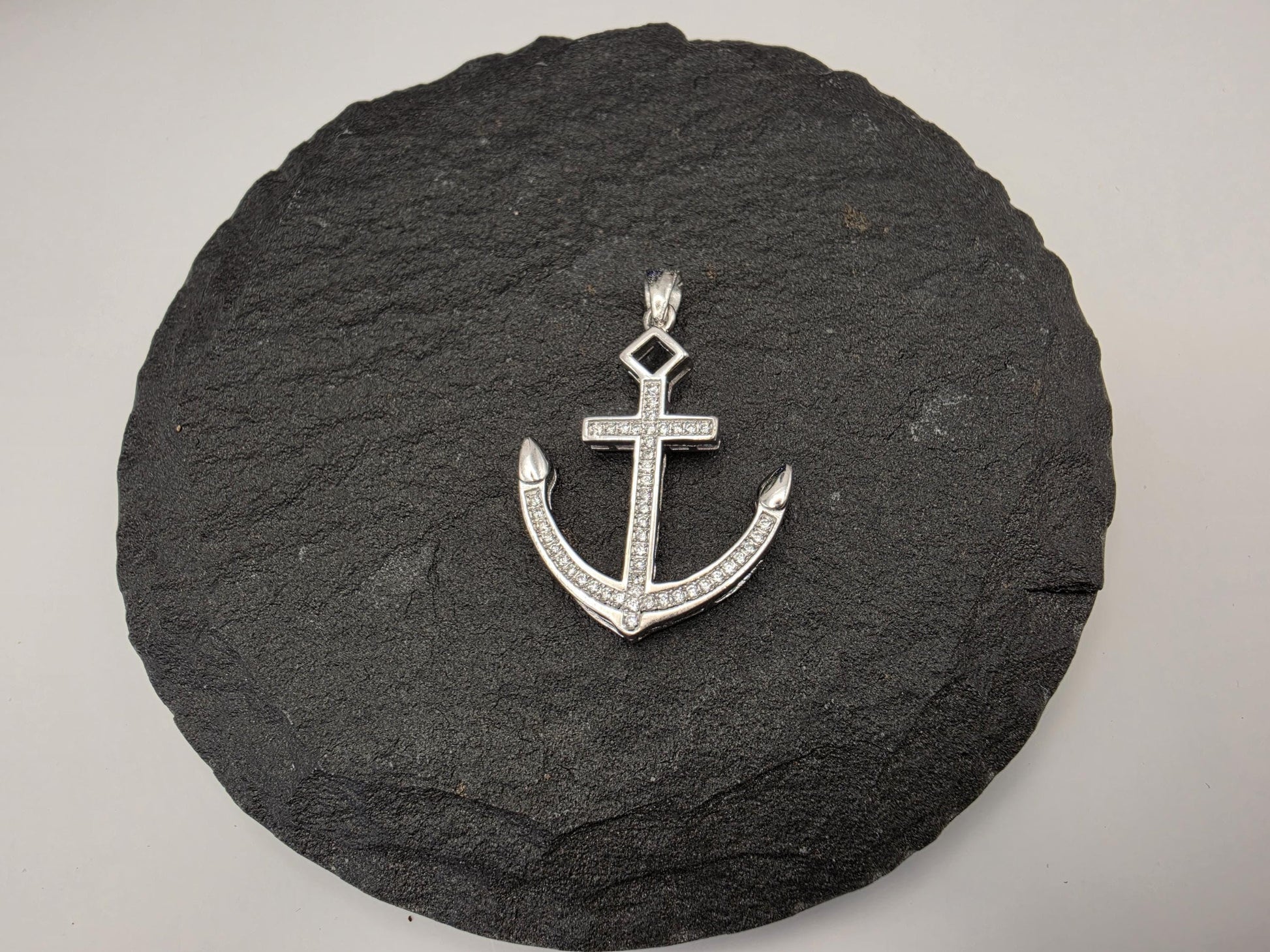 Sterling Silver Anchor Cross Pendant — CZ Pave Nautical Faith Charm 925