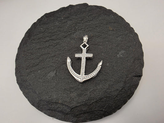 Sterling Silver Anchor Cross Pendant — CZ Pave Nautical Faith Charm 925