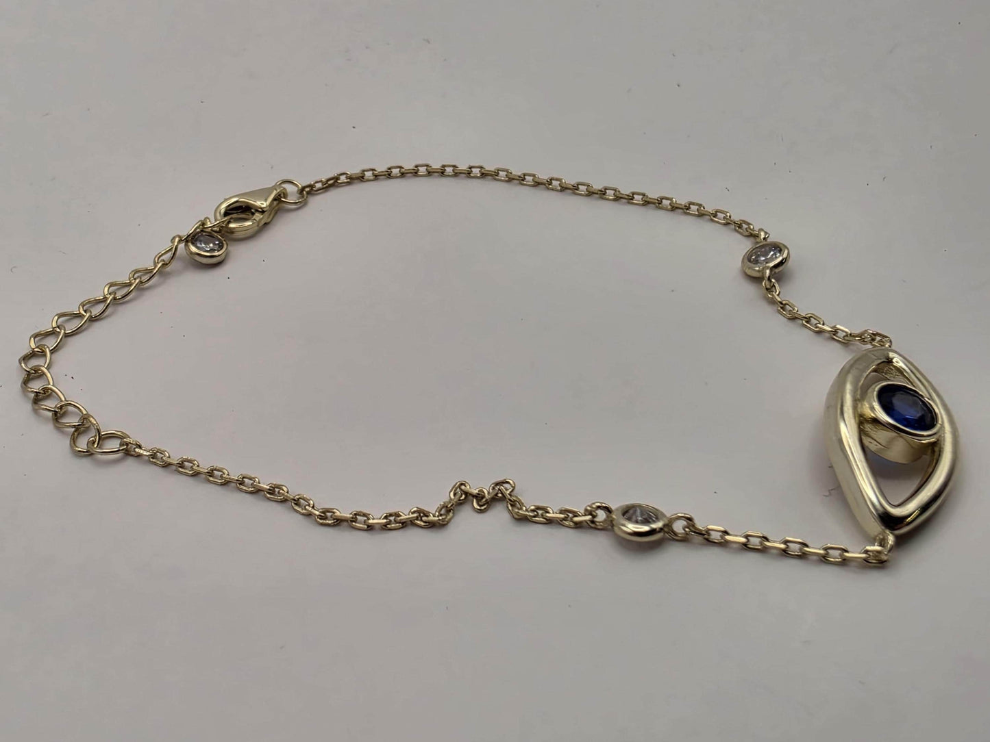 Gold Plated Sterling Silver Evil Eye Bracelet | Blue CZ | Dainty Chain | 8in
