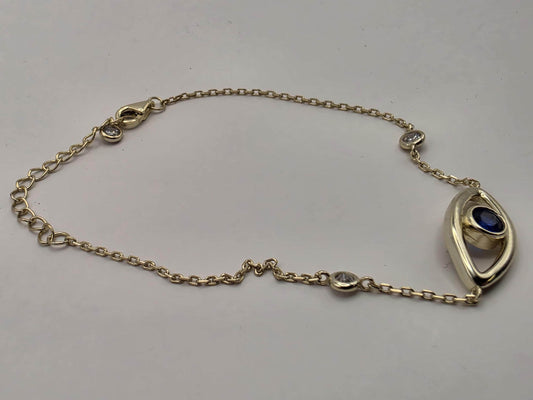 Gold Plated Sterling Silver Evil Eye Bracelet | Blue CZ | Dainty Chain | 8in
