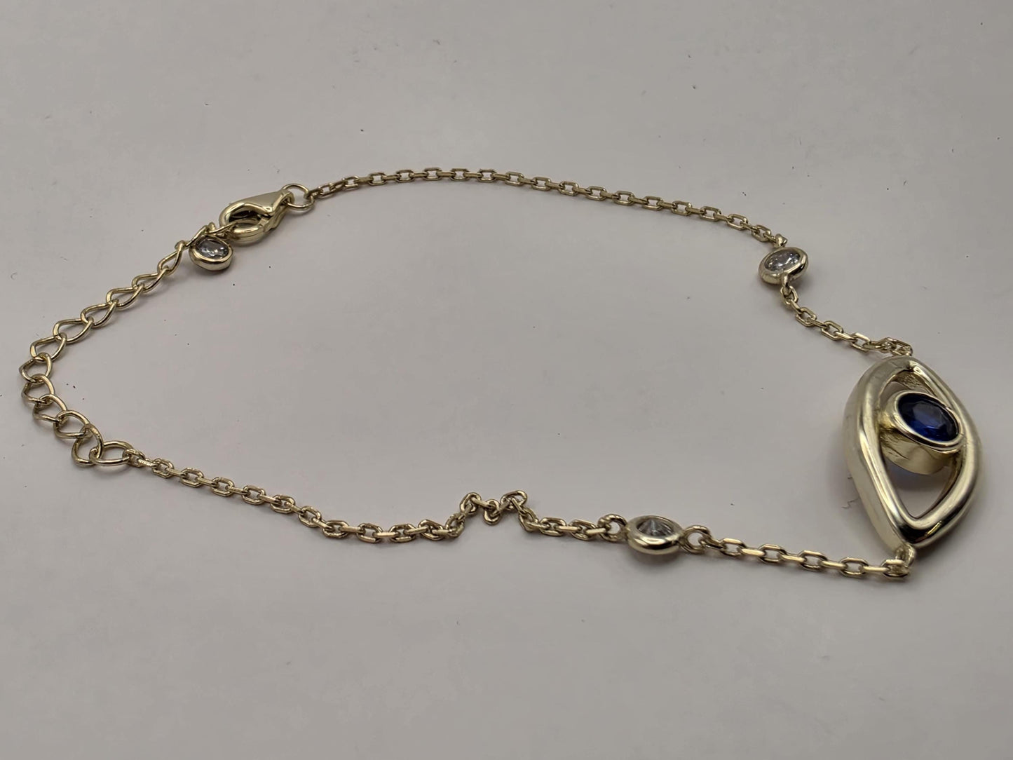 Gold Plated Sterling Silver Evil Eye Bracelet | Blue CZ | Dainty Chain | 8in