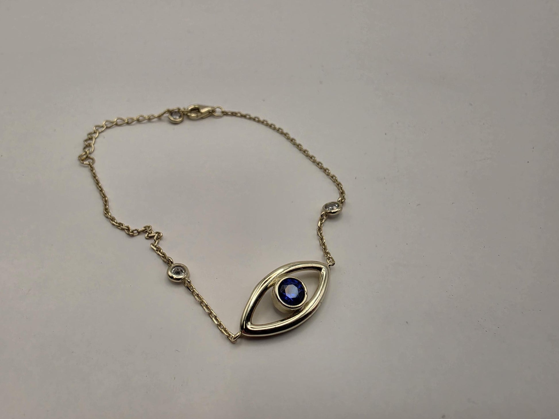 Gold Plated Sterling Silver Evil Eye Bracelet | Blue CZ | Dainty Chain | 8in