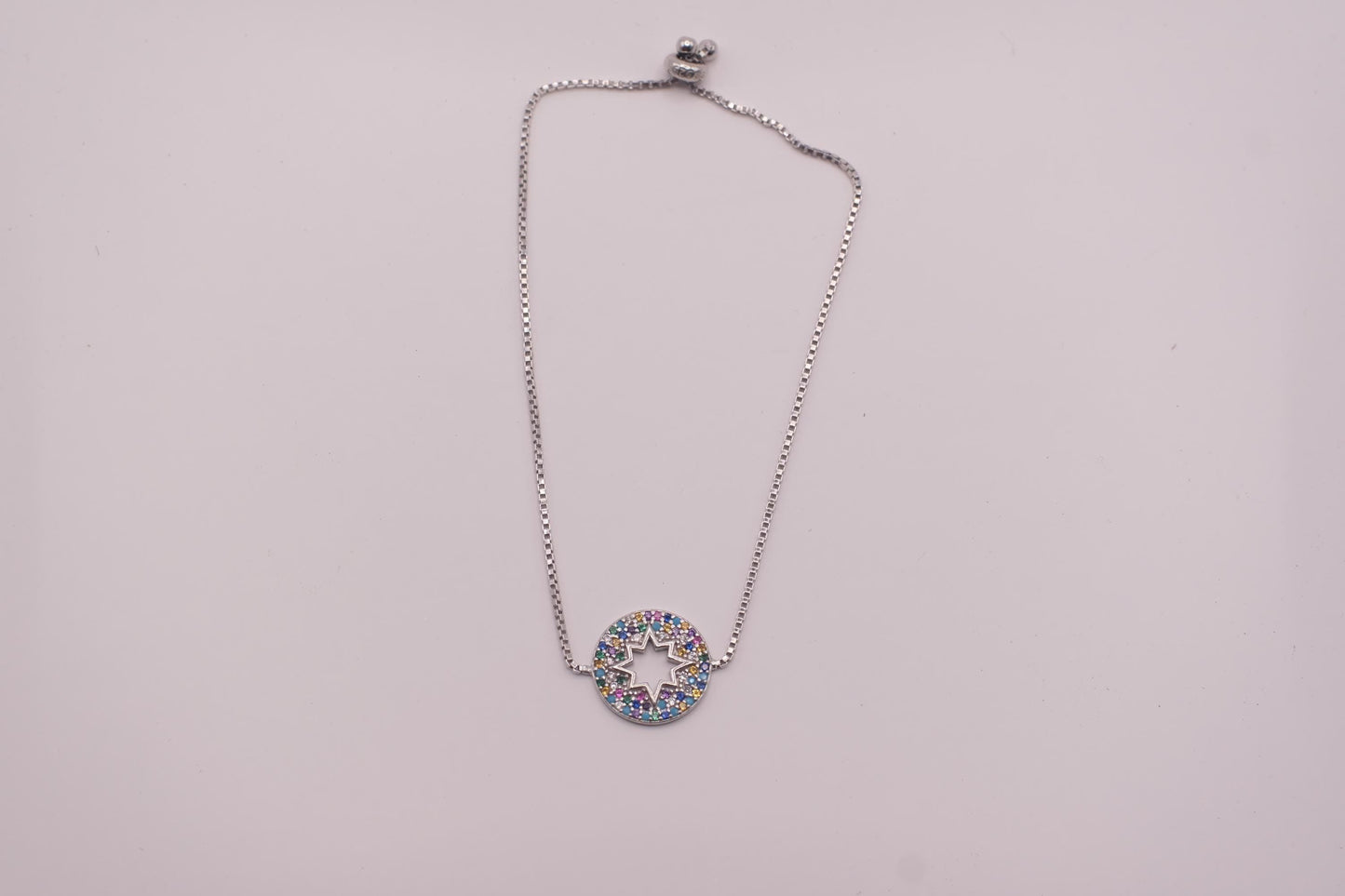 925 Sterling Silver Rainbow CZ Star Bracelet | Adjustable | Round Disc Charm | 15mm