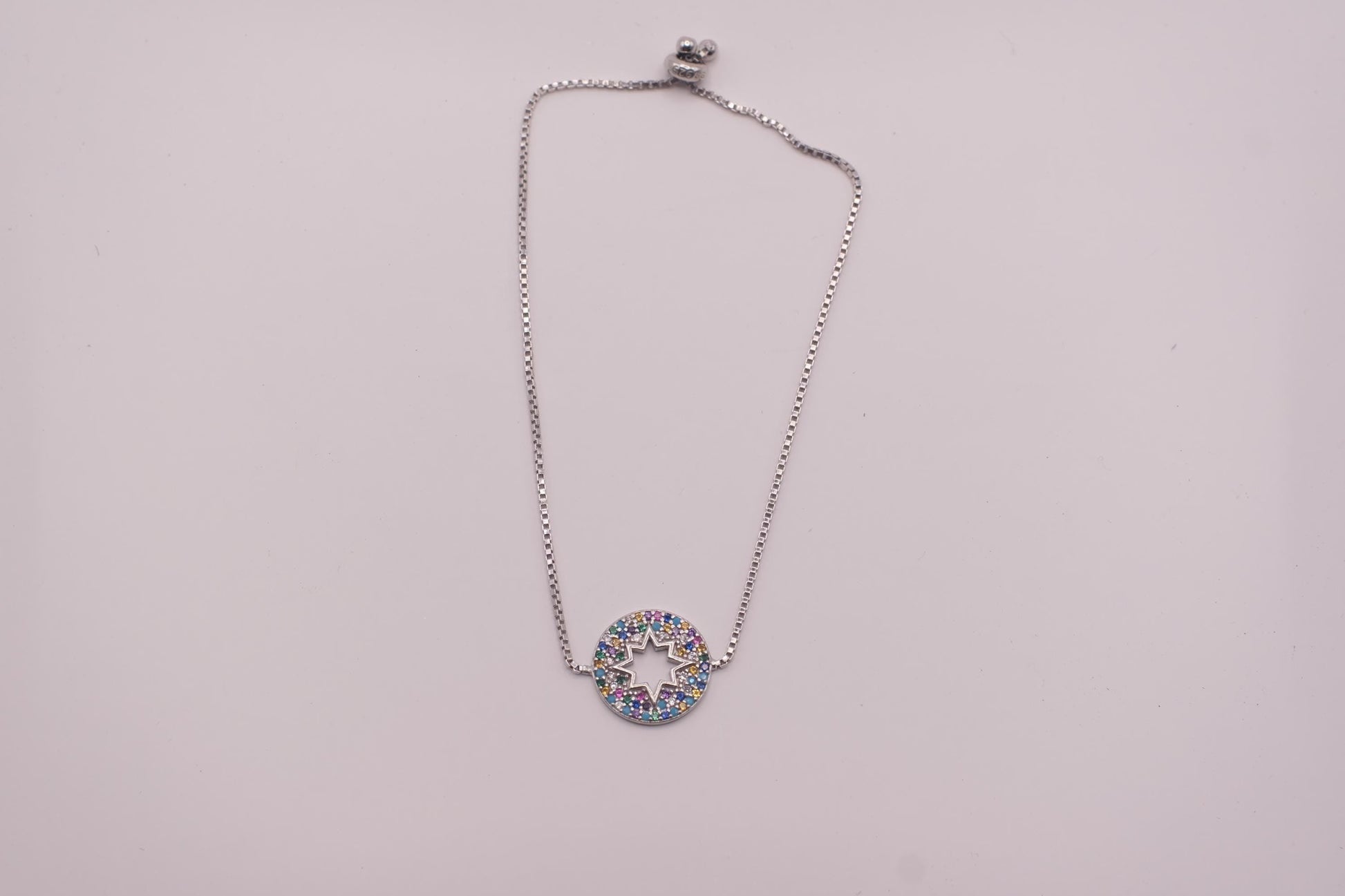 925 Sterling Silver Rainbow CZ Star Bracelet | Adjustable | Round Disc Charm | 15mm