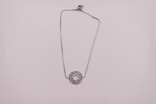 925 Sterling Silver Rainbow CZ Star Bracelet | Adjustable | Round Disc Charm | 15mm