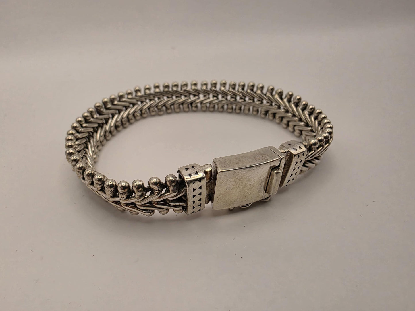 925 Sterling Silver Woven Bead Bracelet | Foxtail Center | Ball Chain Border | Heavy 49g