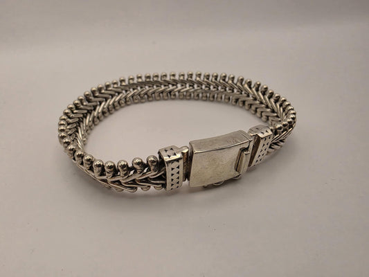 925 Sterling Silver Woven Bead Bracelet | Foxtail Center | Ball Chain Border | Heavy 49g