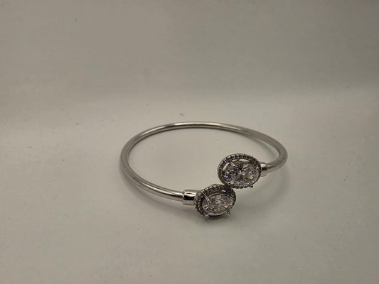 925 Sterling Silver CZ Cluster Bangle Bracelet | Slim Wire Bangle | Ball Charm | 8in