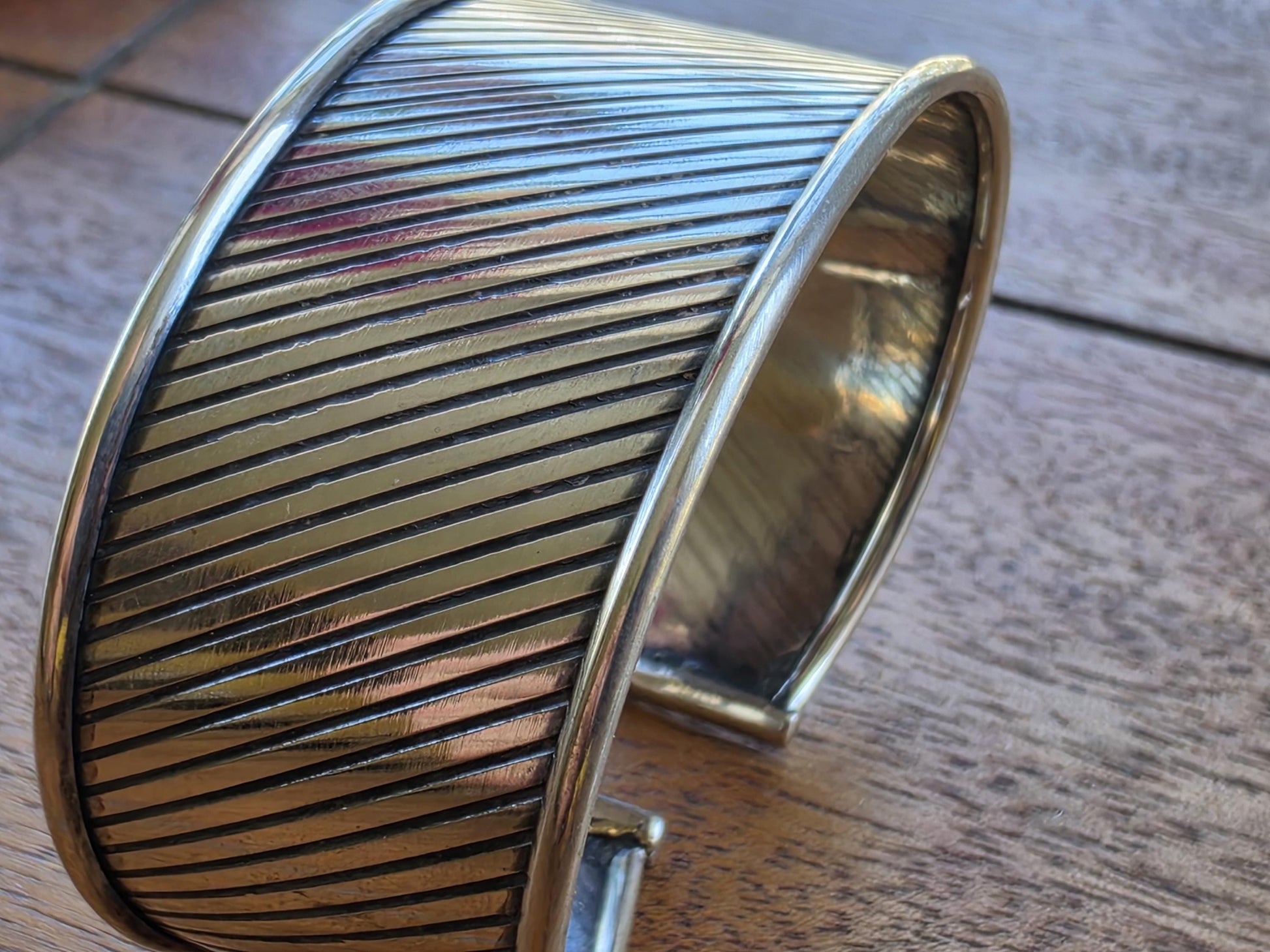 925 Sterling Silver Diagonal Cuff Bracelet | Wide 1.125" | Line Engraved | Heavy 20g