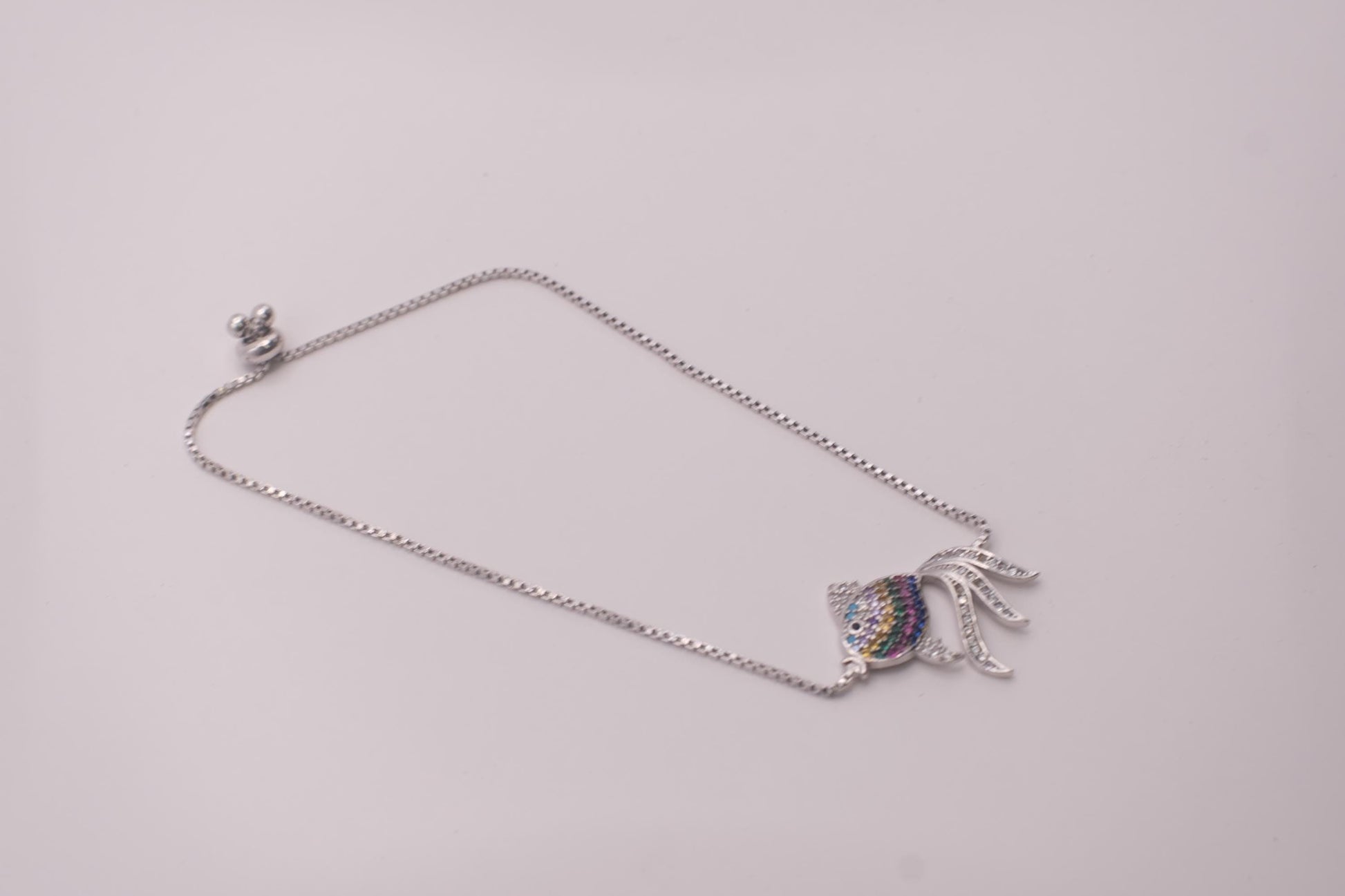 925 Sterling Silver Rainbow CZ Fish Bracelet | Adjustable Box Chain | Multicolor Charm