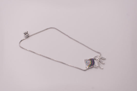 925 Sterling Silver Rainbow CZ Fish Bracelet | Adjustable Box Chain | Multicolor Charm