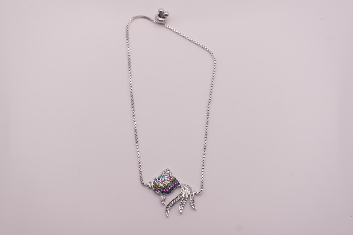 925 Sterling Silver Rainbow CZ Fish Bracelet | Adjustable Box Chain | Multicolor Charm
