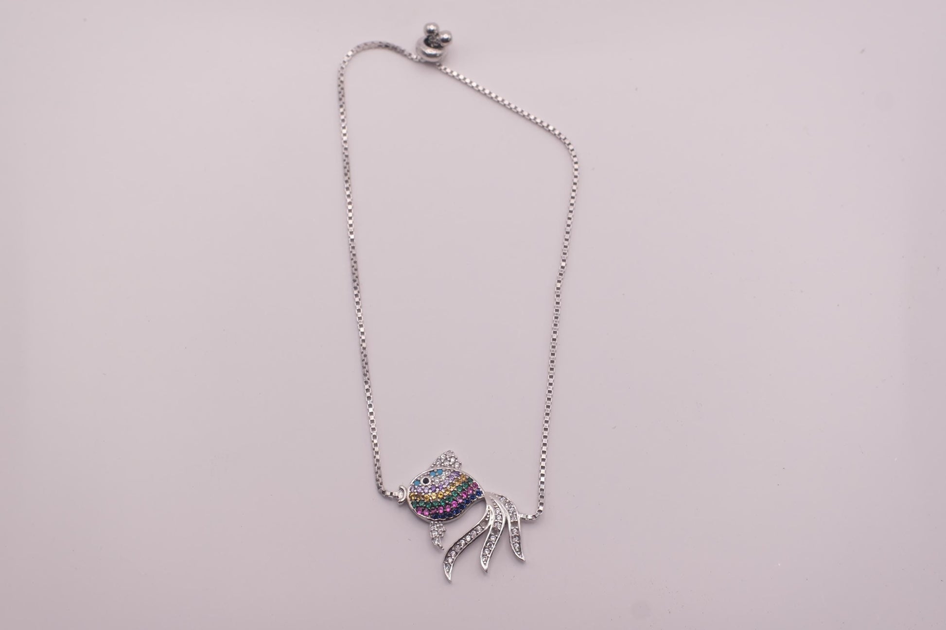 925 Sterling Silver Rainbow CZ Fish Bracelet | Adjustable Box Chain | Multicolor Charm