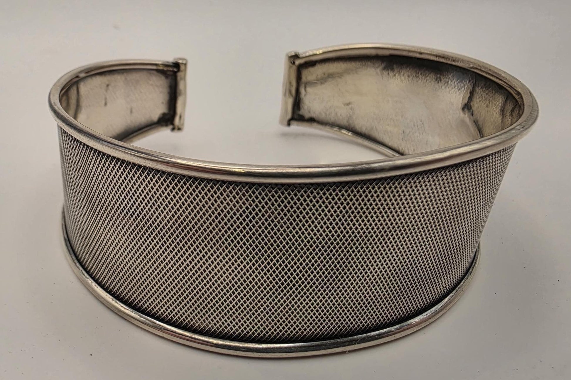 925 Sterling Silver Mesh Cuff Bracelet | Wide 1.125" | Fine Grid Texture | Heavy 20g