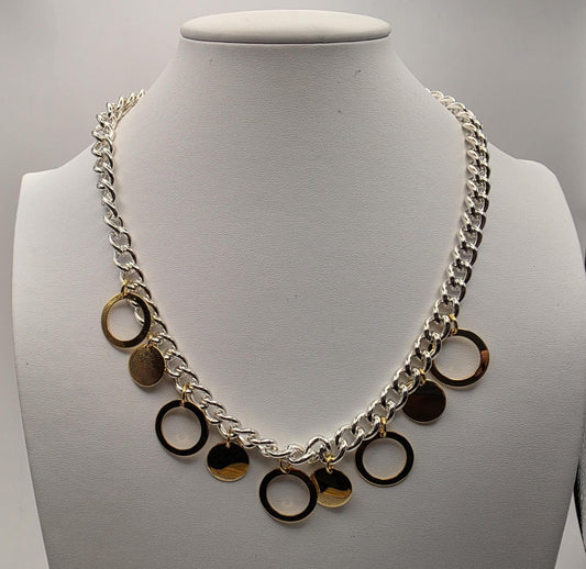 925 Sterling Silver Two-Tone Charm Necklace | Gold Disc & Circle Charms | Curb Chain | 20.5"