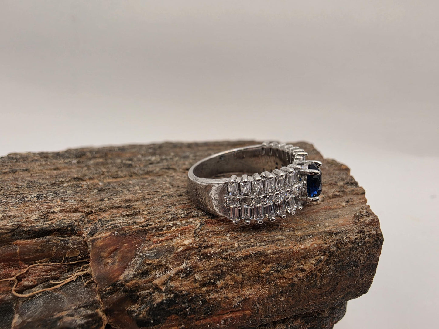 Sterling Silver Blue Oval CZ Baguette Halo Ring Size 7 Sapphire Style Cocktail 925 Women 4.7g